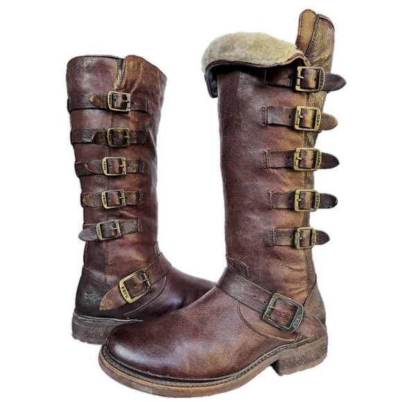 FRYE Valerie Belted Shearling Brown Tall Biker Moto Motorcycle Winter Boots 8 - Picture 3 of 7